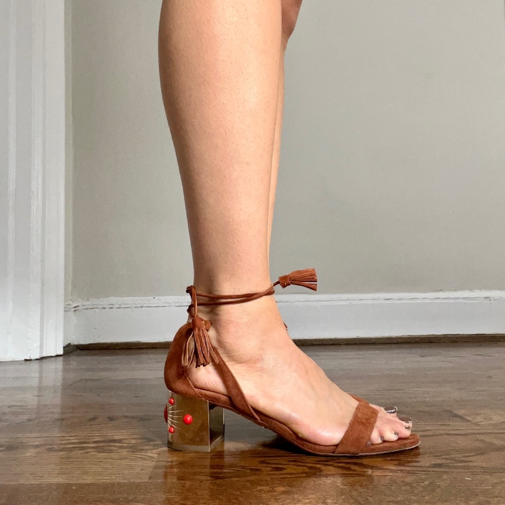 AQUAZZURA BROWN SUEDE LOW LACE UP SANDAL BLOCK HEELS